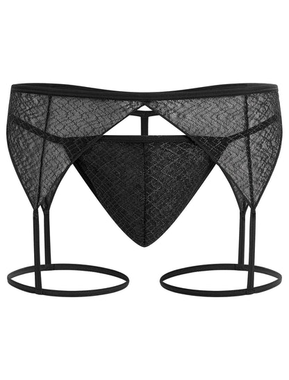 ABAFIP Men's Sissy Lingerie Sheer Mesh G-string Thong Lace Panties with Garter Band Crossdresser Underwear Black Medium
