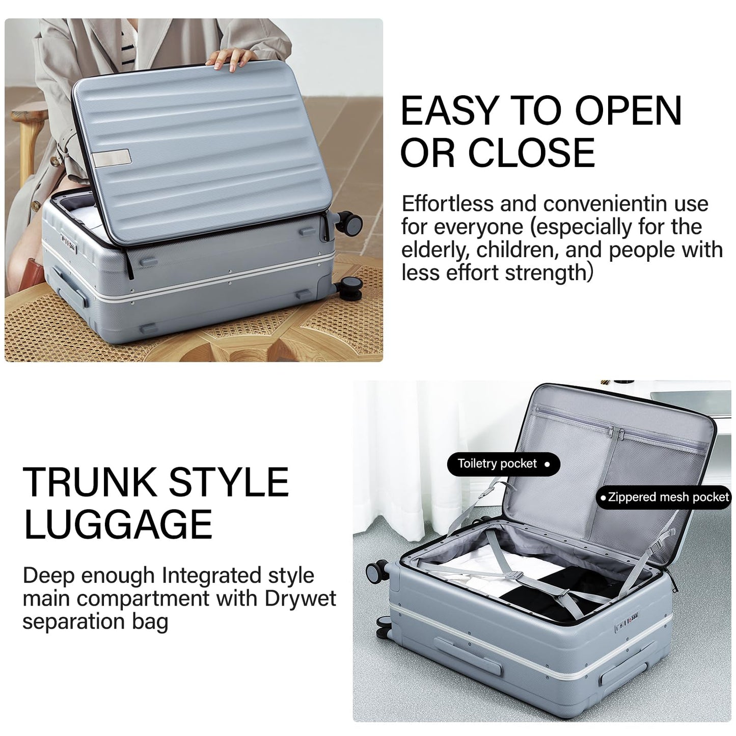 Hanke 26 Inch Large Checked Luggage PC Hard Shell Luggage Top Opening Travel Luggage Suitcases with Wheels for Woman Men.(Grey)