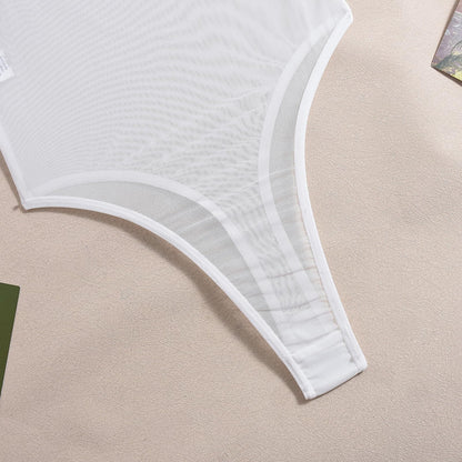 Women's Sheer Mesh Bodysuit Lingerie See Through Teddy High Cut Thong Leotard Sexy Body suit White Large