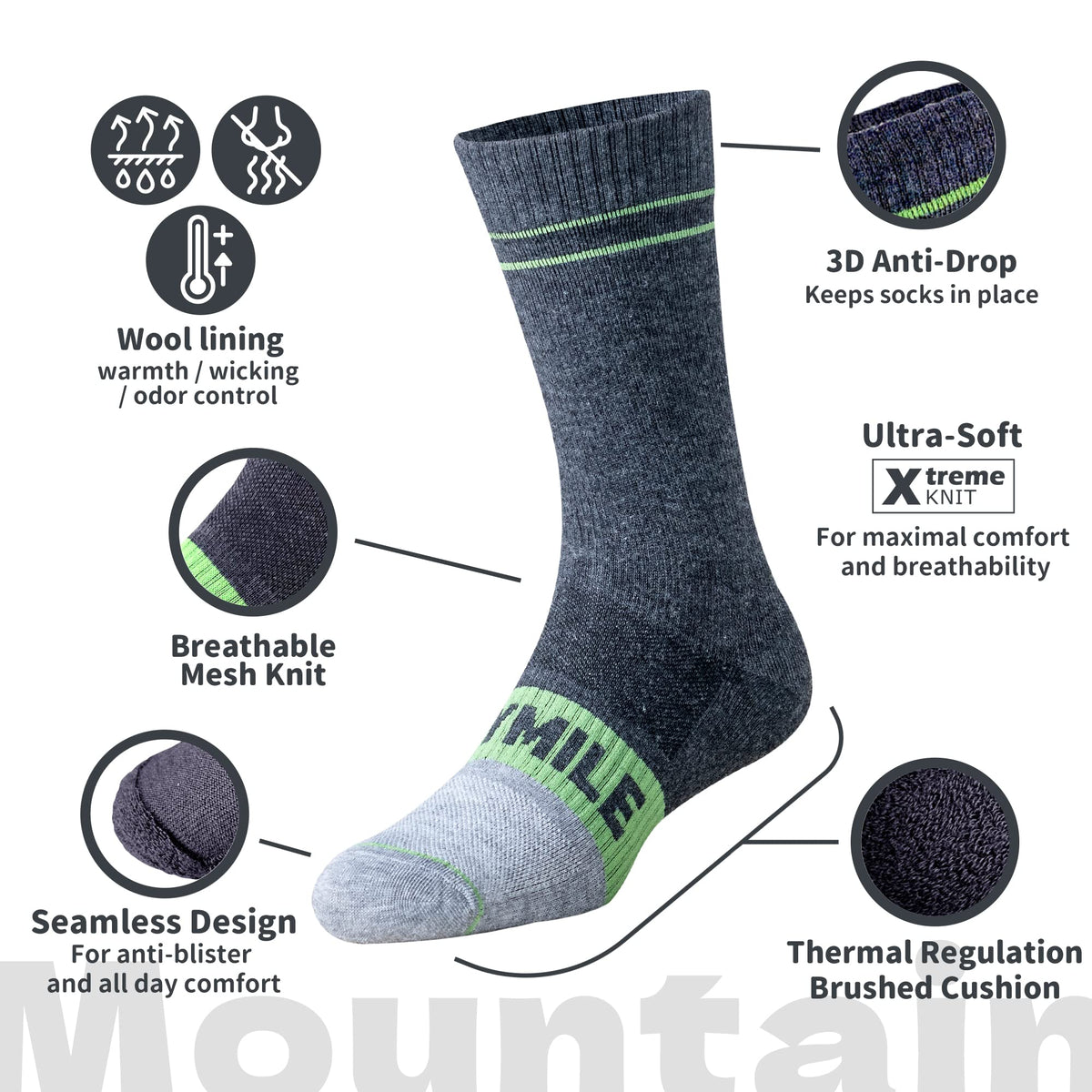 DRYMILE Mountain Waterproof Wool Socks, Warm Cushioned Crew for Hiking