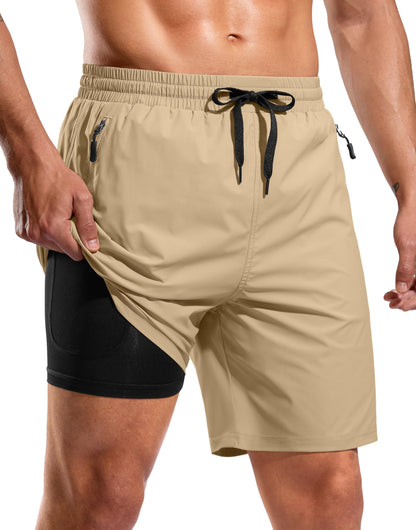 Mens Swim Trunks with Compression Liner -  Quick Dry Board Shorts Swimsuit Bathing Suit for Men - Khaki