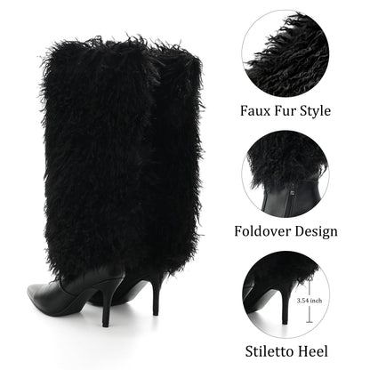 Fuzzy Knee High Fold Over Stiletto Heel Boots Black 10