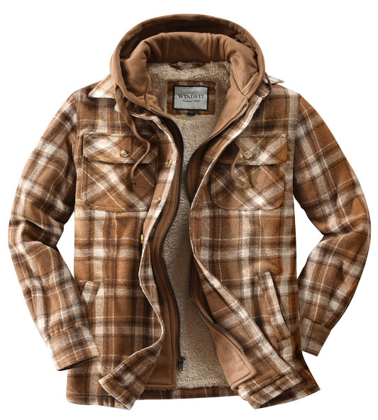 KOMANA Men's Zip Button Sherpa Plaid Flannel Shirt Jacket with Hood Brown Small