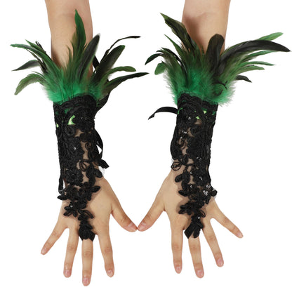 Rulala Fancy Feather Lace Gloves Gothic Long Sleeved Wrist Cuffs Women Halloween Costume(Green)