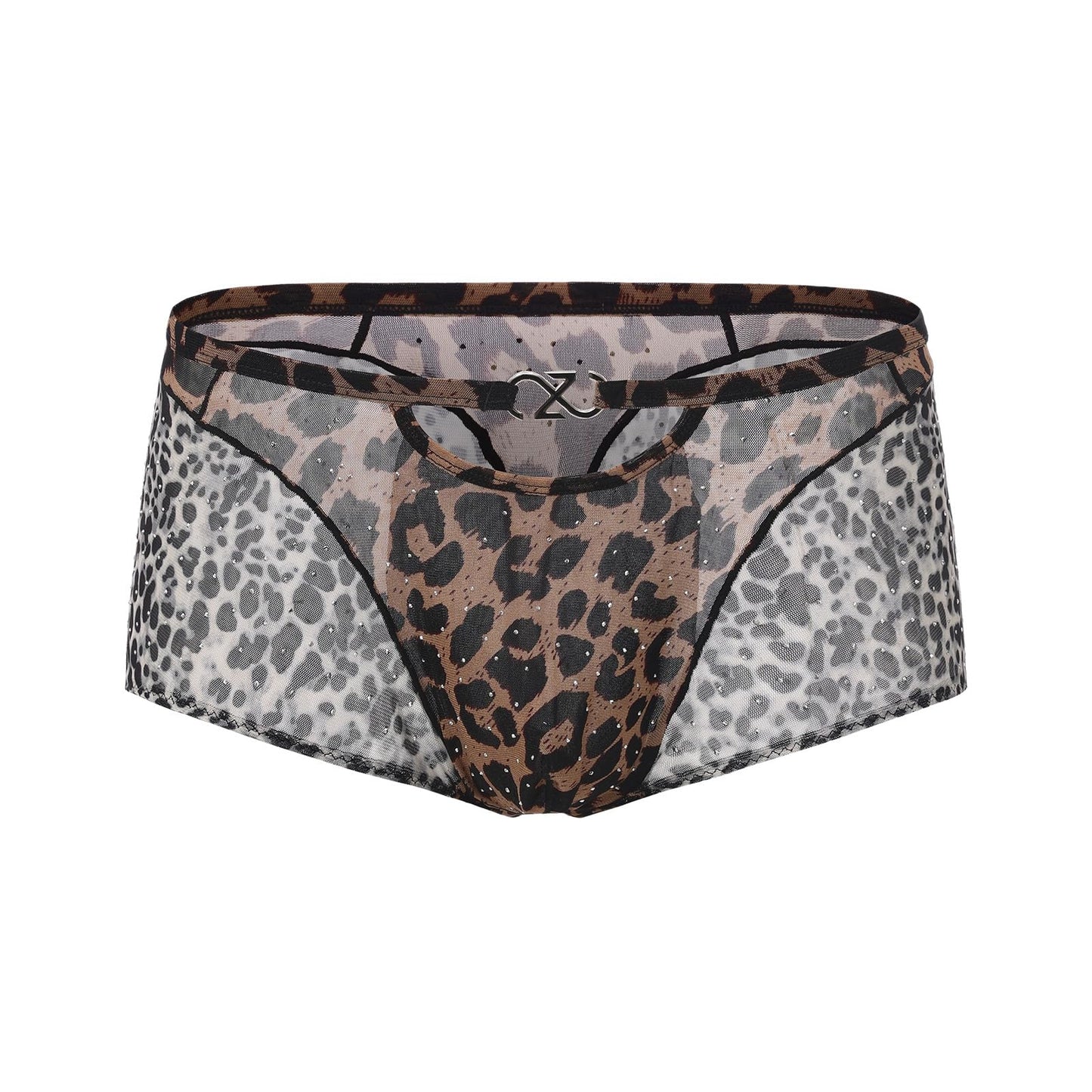 BSZN Men's Sexy Boxer Briefs, Brown Gray Leopard Print Rhinestone Sheer Sexy Men Underwear, Hollow Out Detachable Logo Mid Rise Patchwork Sexy Lingerie
