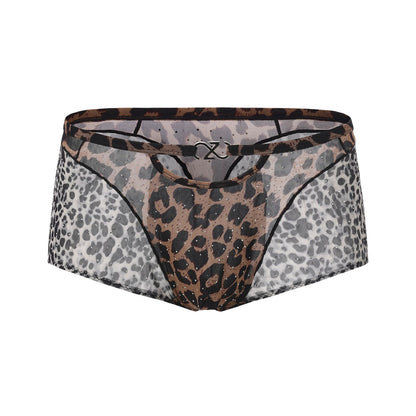BSZN Men's Sexy Boxer Briefs, Brown Gray Leopard Print Rhinestone Sheer Sexy Men Underwear, Hollow Out Detachable Logo Mid Rise Patchwork Sexy Lingerie