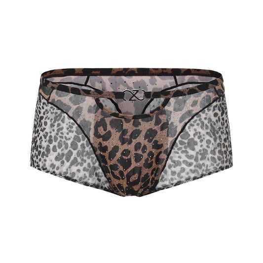 BSZN Men's Sexy Boxer Briefs, Brown Gray Leopard Print Rhinestone Sheer Sexy Men Underwear, Hollow Out Detachable Logo Mid Rise Patchwork Sexy Lingerie