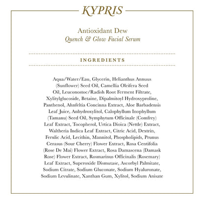 KYPRIS, Antioxidant Dew Quench & Glow Facial Serum, Light Intense Hydration Antioxidant Soothing Serum, Vitamin C & E (1.59 fl oz / 47 ml)