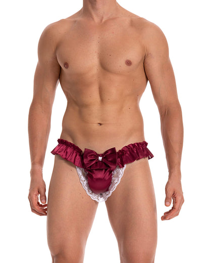 Satini Men's Satin Ruffle Bow Thong Sissy Knickers Briefs Jockstrap Panties (Wine Red, S)