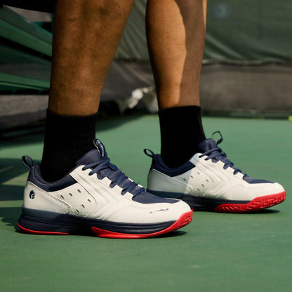 FitVille Tennis Shoes for Men Wide Mens Pickleball Shoes Breathable Court Shoes Racquetball Badminton Athletic Sneakers for All Courts | Arch Support | Energy Return (12 Medium, White & Navy Blue)