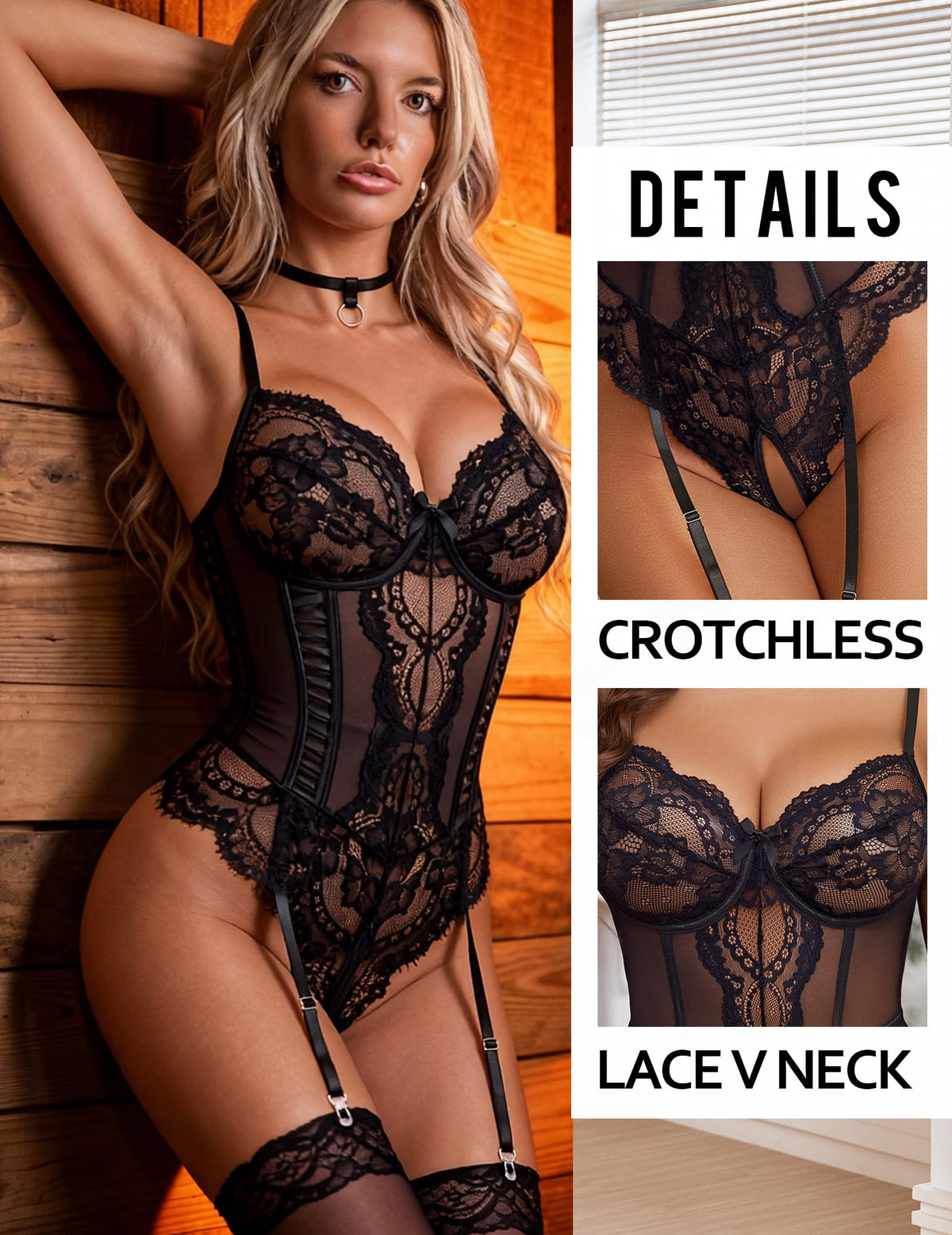 Lace Lingerie for Women Sexy Garter Bodysuit Corset Teddy Black