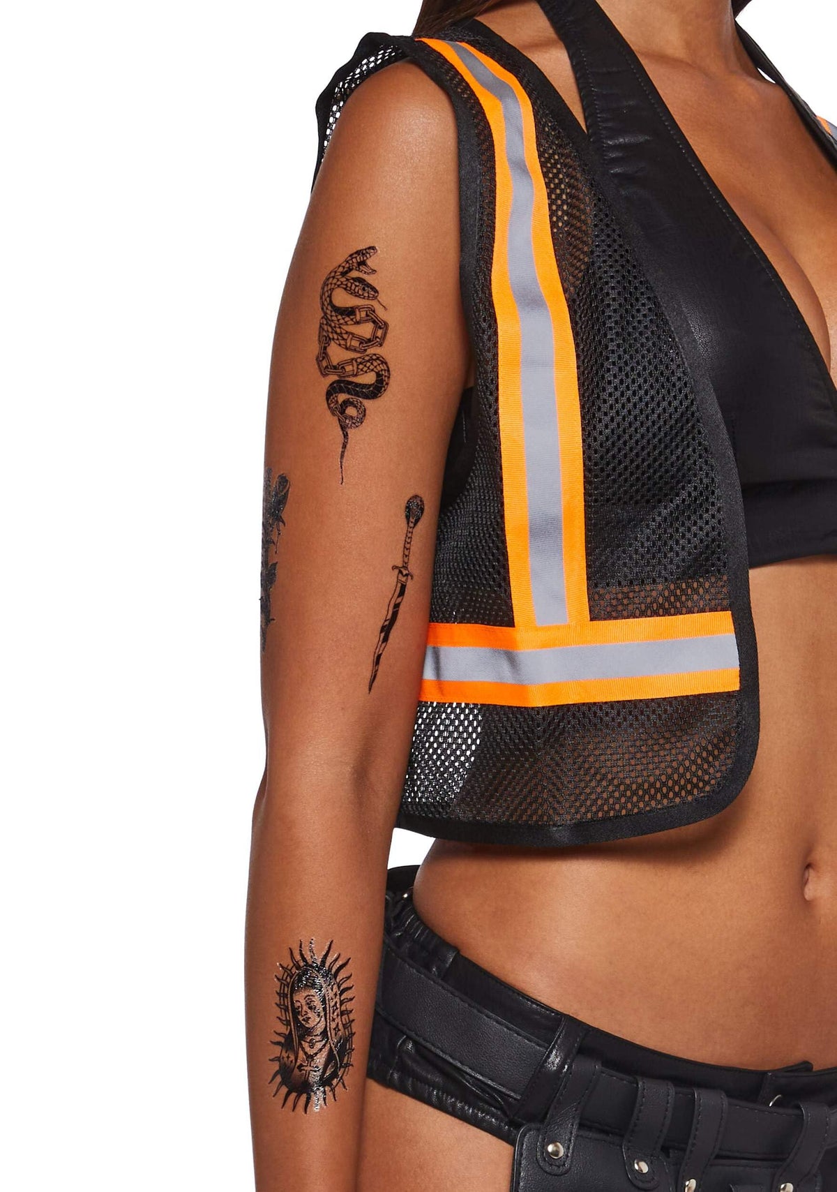 Dolls Kill Construction Worker Costume by Trickz N’ Treatz – Faux Leather Crop Top with Safety Vest, Tool Belt & Hard Hat, X-Small
