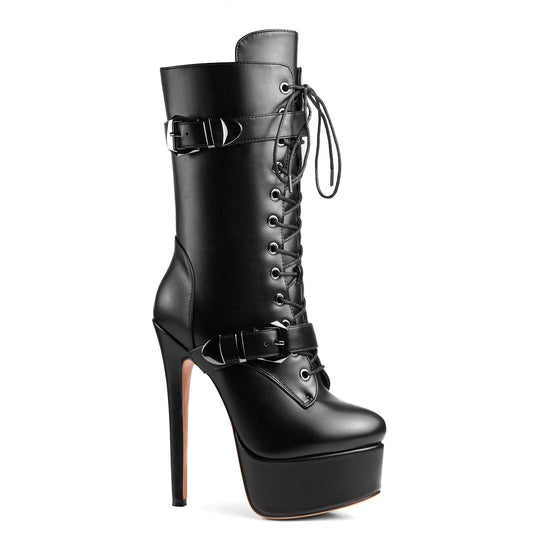 ANN CREEK 'Batian' Classic High Platform Mid Calf Boots Ultra High Stiletto Heels Lace Up Boots Faux Leather Round Toe Tie Up Boots Sexy Black Buckle Strap Thin High Heel Boots Black 13