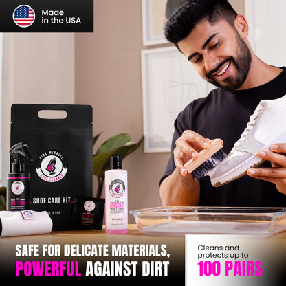 Pink Miracle Shoe Care Kit - Includes 8 oz. Shoe Cleaner and Brush, The Protector Sneaker Repellent Spray, Shoe Cleaning Wipes (5), and a Microfiber Towel