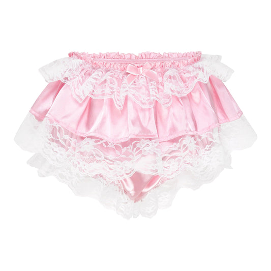 Satini Frilly Lace Sissy Ruffled French Knickers Briefs Lingerie Silky Satin Underwear Panties (Baby Pink, M)