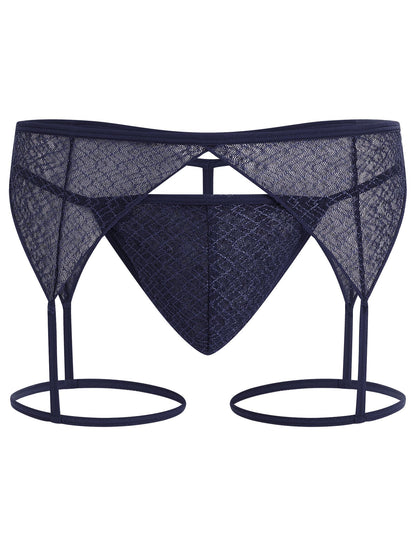 Men's Sissy Lingerie Sheer Mesh G-string Thong Lace Panties Garter Band Crossdresser Underwear Navy Blue Large