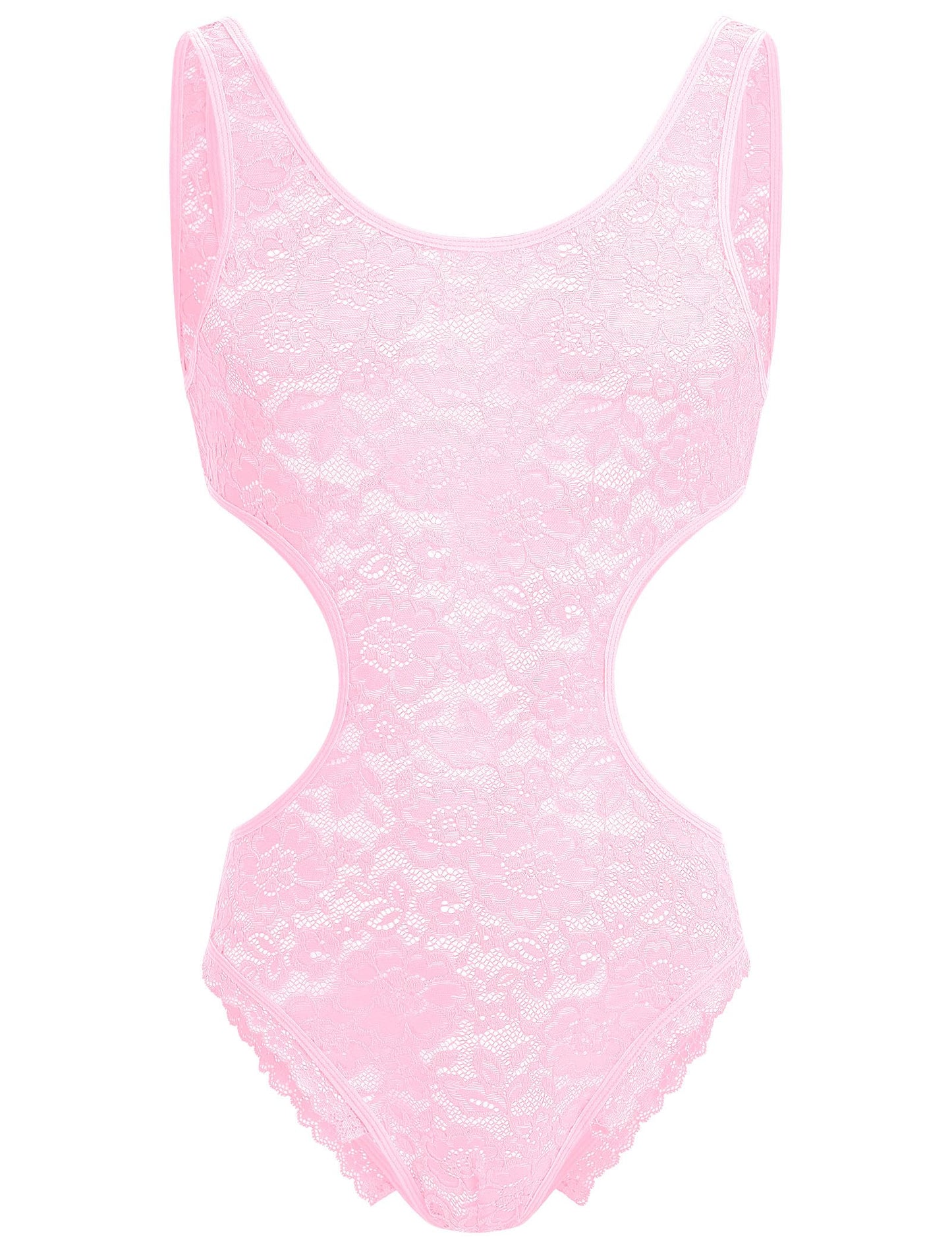 Men's Sissy Lace Bodysuit Floral Sheer See Through Sleeveless Cutout Leotard Crossdress Lingerie Pink XX-Large