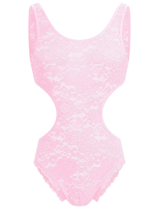 Men's Sissy Lace Bodysuit Floral Sheer See Through Sleeveless Cutout Leotard Crossdress Lingerie Pink XX-Large