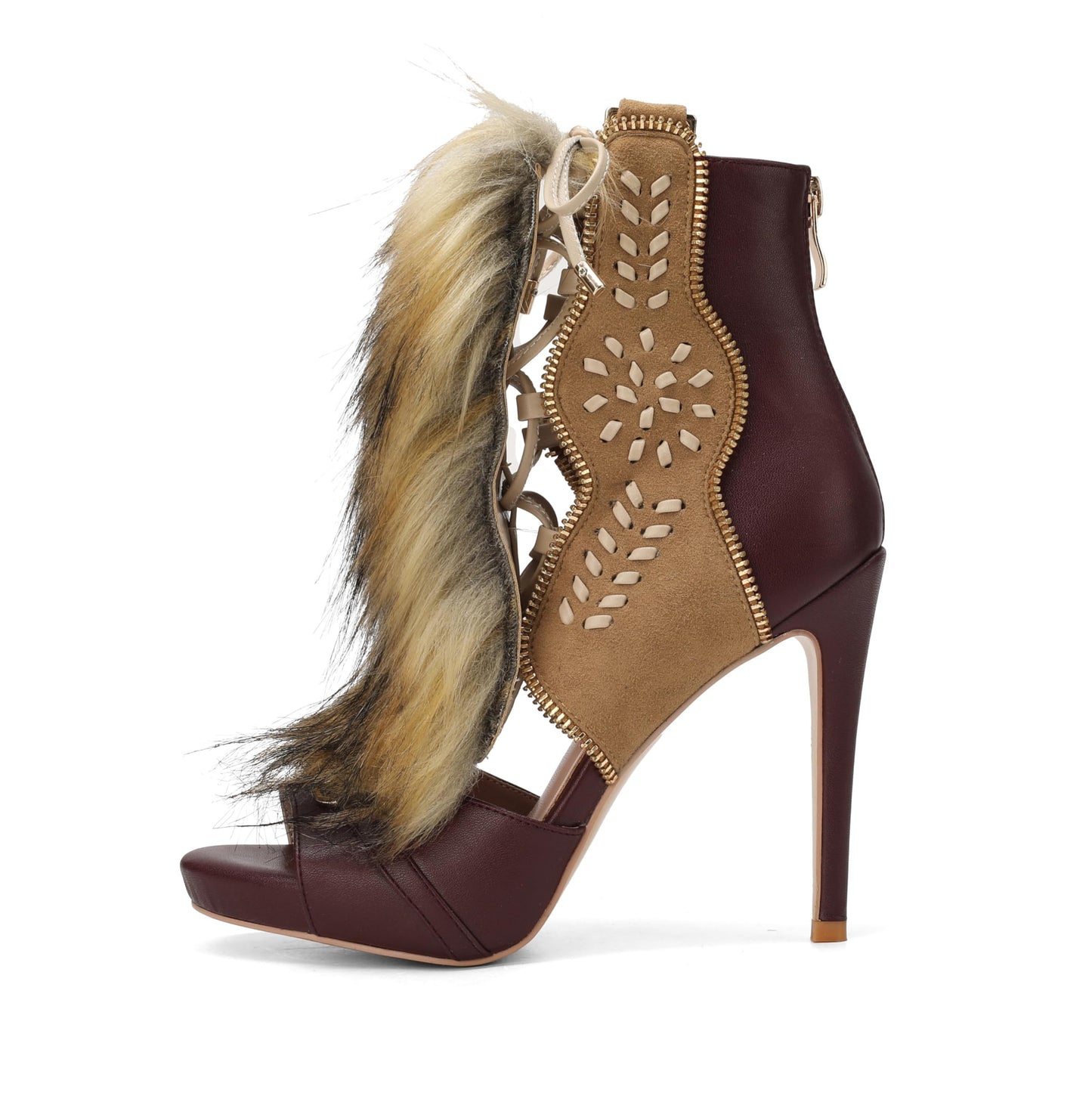 Tracieshoes Women’s Faux Fox Fur Trim High Heel Ankle Boot Sandals Cutout Leather Lace Detail Peep Toe Zip Back 4 Inch Stiletto Heels Party Fashion Shoes Brown Size 7
