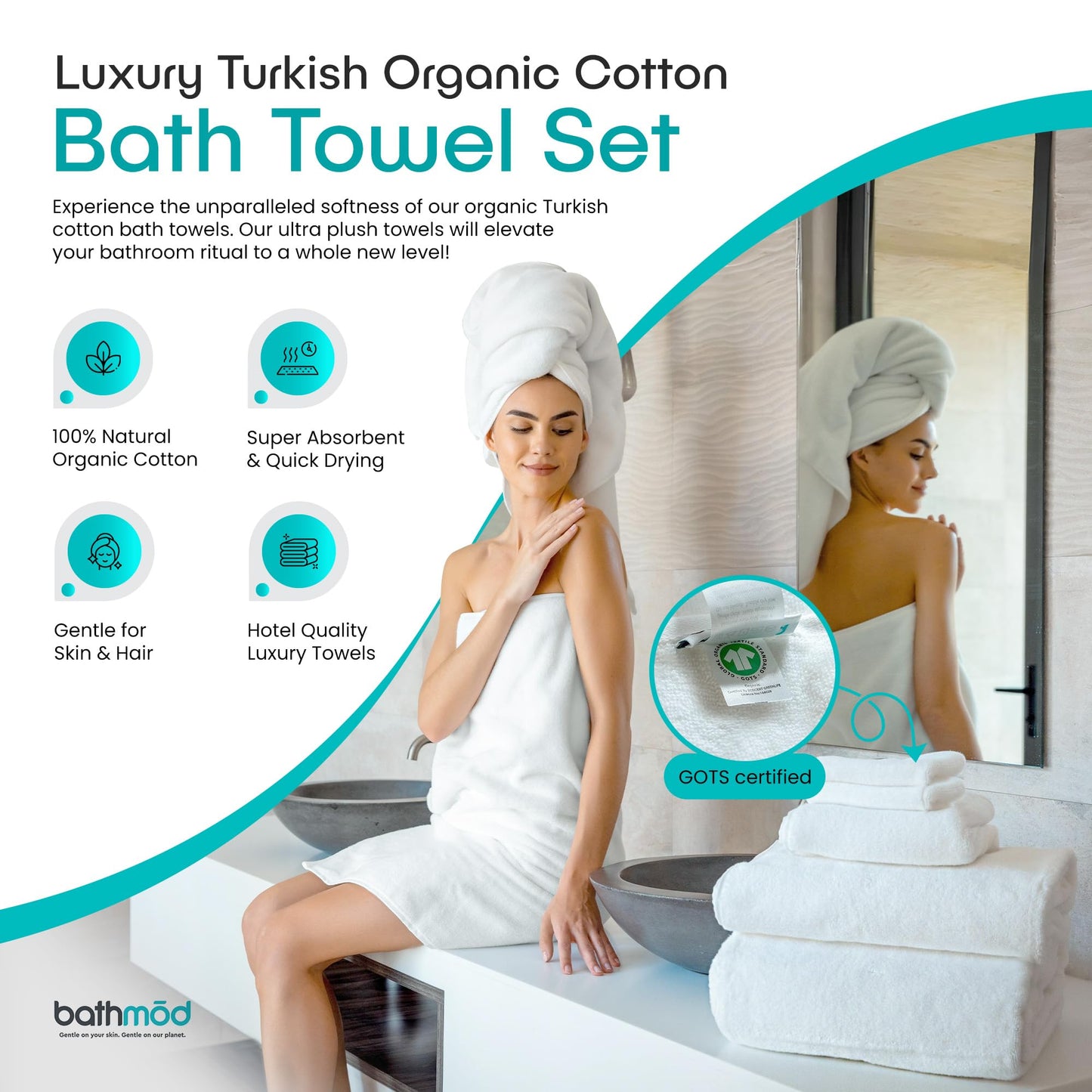Luxury Bath Towel Set - 6 Pieces, Ultra Plush, GOTS Certified Organic - 2 Bath, 2 Hand, 2 Washcloths - Turkish Cotton Towels, Hotel Quality Towels, White Luxury Towel