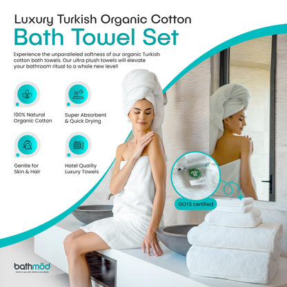 Luxury Bath Towel Set - 6 Pieces, Ultra Plush, GOTS Certified Organic - 2 Bath, 2 Hand, 2 Washcloths - Turkish Cotton Towels, Hotel Quality Towels, White Luxury Towel