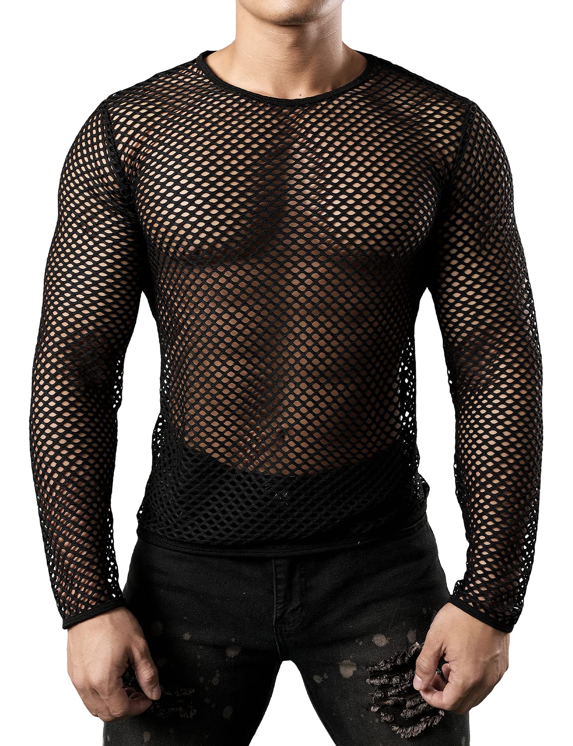 Gay Men's Mesh Fishnet Fitted Long Sleeve  Black