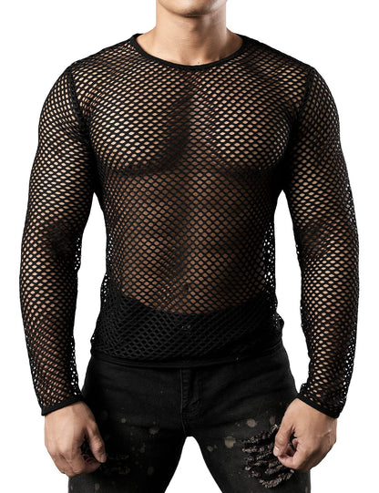 Gay Men's Mesh Fishnet Fitted Long Sleeve  Black