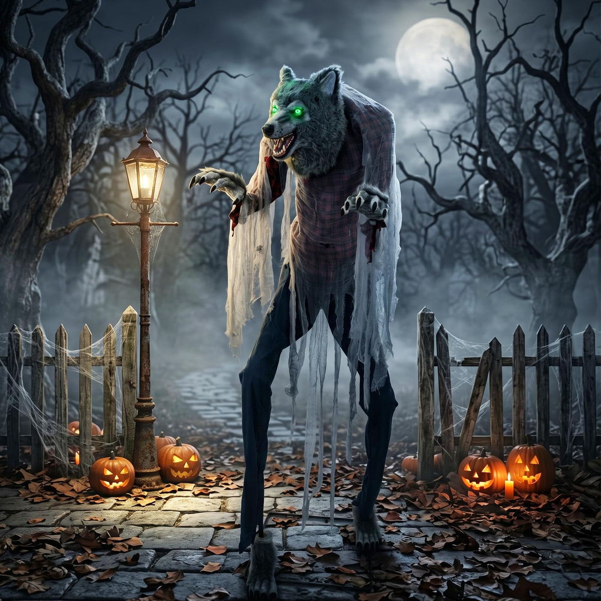 7FT Animated Halloween Werewolf Decoration - Sound Activated Werewolf Animatronic Outdoor with Motion, Lights and Sound, Scary Wolf in Red Plaid Shirt and Jeans, for Yard Porch Haunted House