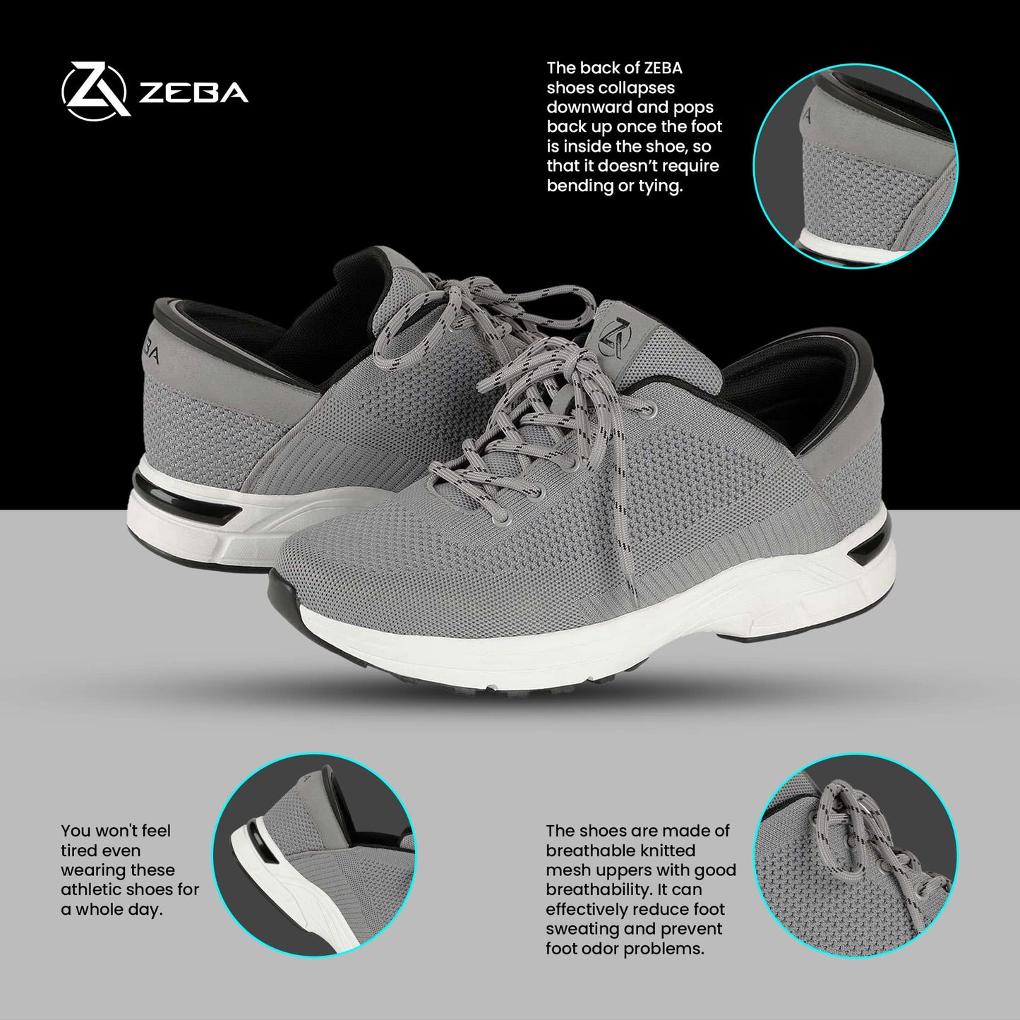 ZEBA Hands Free Slip on Sneakers for Men - Step Up Your Comfort and Style with Perfect Walking Shoes and Fashion Sneakers - Stone Gray