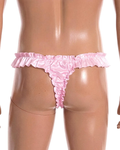 Satini Men's Satin Ruffle Low Rise Sissy Thong Tanga Knickers Briefs Panties (Baby Pink, L)