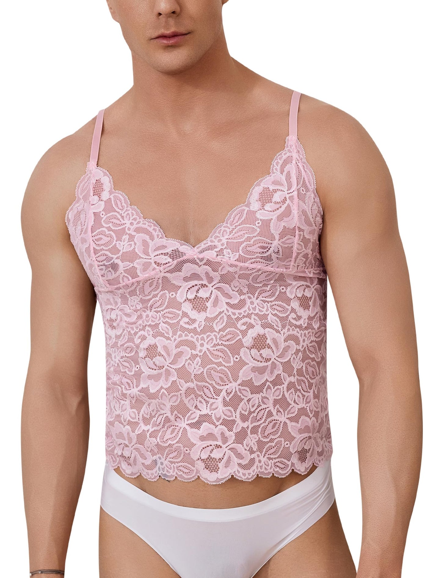 ABAFIP Men’s Sissy Lace Cami Top Floral Sheer Camisole Ruffle V-Neck Sleeveless Shirt See Through Undershirt Pink Medium