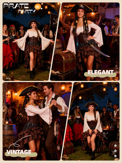 Women's Renaissance Pirate Wench Costume with Corset, Skirt & Blouse