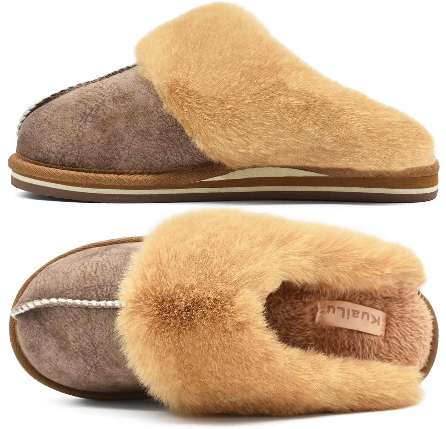 KuaiLu Womens Cozy Memory Foam Slippers Ladies Fuzzy Faux Fur Lined Warm Arch Support House Shoes Slip on Comfy Winter Scuff Indoor Outdoor Rubber Hard Sole Orthotic Plush Bedroom Brown Size 8