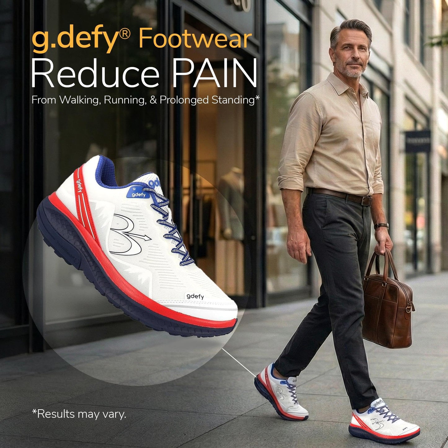 Gravity Defyer g-defy Mighty Walk New Walking Shoes for Men | Comfortable Orthopedic Shoes for Standing All Day | Patented VersoShock Technology | Wide Toe Box White, Red, Blue