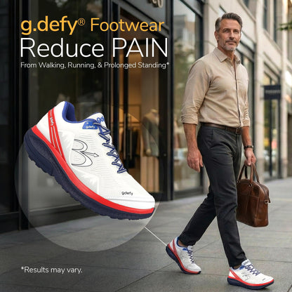 Gravity Defyer g-defy Mighty Walk New Walking Shoes for Men | Comfortable Orthopedic Shoes for Standing All Day | Patented VersoShock Technology | Wide Toe Box White, Red, Blue