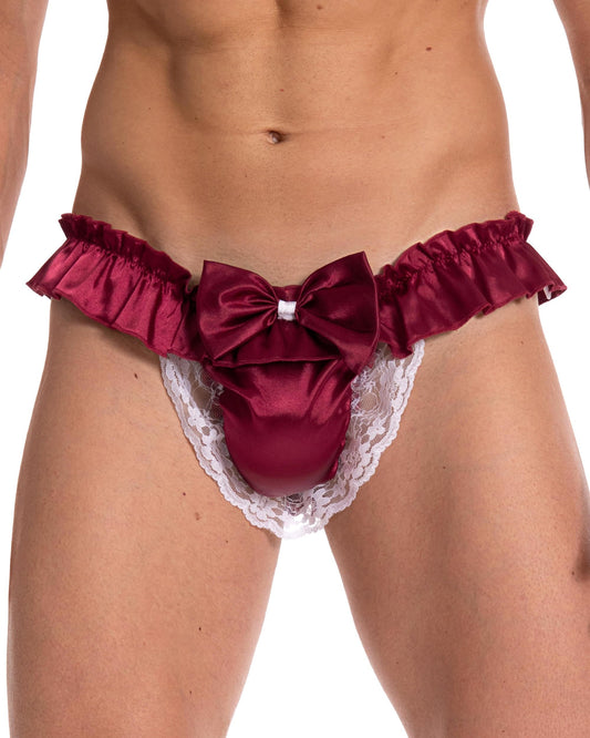 Satini Men's Satin Ruffle Bow Thong Sissy Knickers Briefs Jockstrap Panties (Wine Red, S)