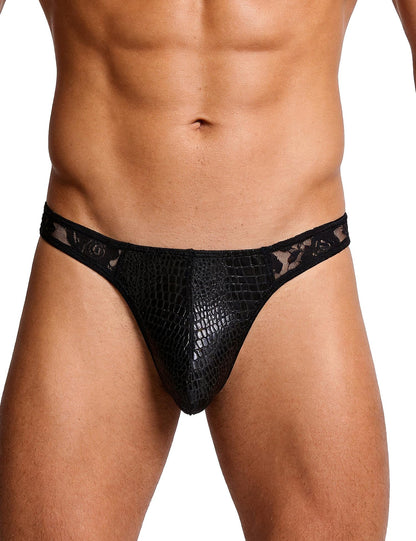 Men's G-String Thong Underwear Sexy Crocodile Print Pouch, Low Rise Lace Briefs Soft T-Back Lingerie Panties Black M