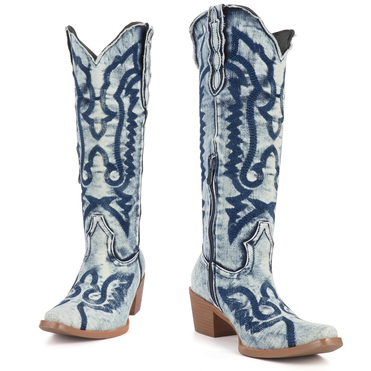 FIFSY Light Blue Denim Cowboy Boots for Women Embroidered Jean Knee High Cowgirl Boots Pointed Toe Chunky Heel Vintage Western Boots， US10