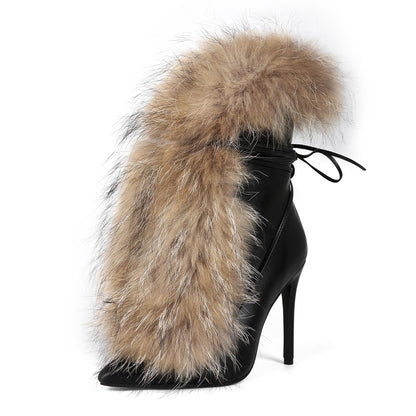Maiosfy Furry Pointed Stiletto Heels with Straps Large Size Ankle Boots Heavy-Duty Soft Faux Fur Shoes Clubwear for Party Evening Footwear Unisex