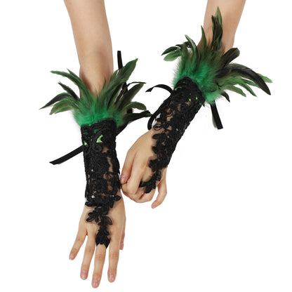 Rulala Fancy Feather Lace Gloves Gothic Long Sleeved Wrist Cuffs Women Halloween Costume(Green)