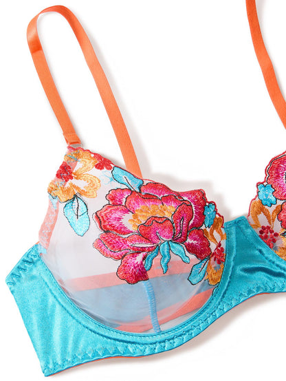 Sexy Lingerie Set 3 Piece Women Outfit Bra and Panty Flower Blue M