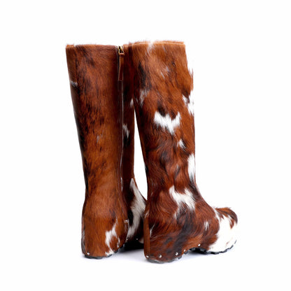 XOBZJH Women’s Wide Calf Cowgirl Boots – Handmade Knee-High Country Cowboy Winter Boots with Genuine Calf Hair, Shearling Lining & Platform Sole, Retro Western Style