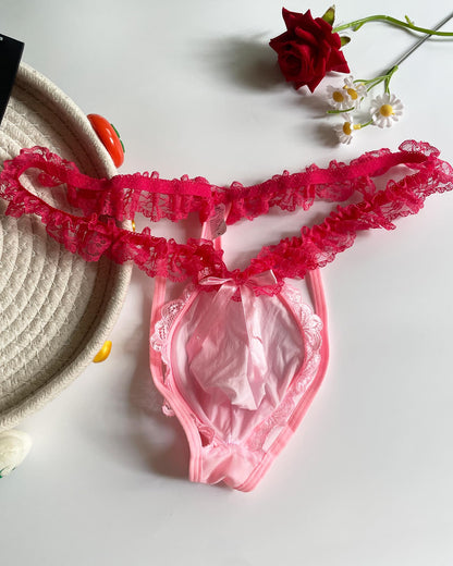 Mens Pink Lace Frilly Thong Underwear, Sissy Pouch Panties Sexy Lingerie For Crossdressing Femboy (US, Alpha, One Size, Regular, Regular, Pink)