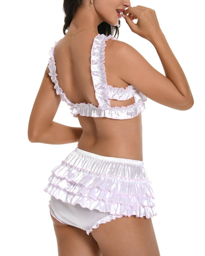 Satini Sissy Frilly Ruffled Fitted Silky Satin Lingerie Bralette (White, S)
