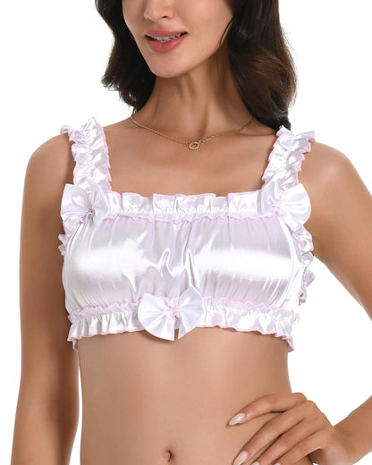 Satini Sissy Frilly Ruffled Fitted Silky Satin Lingerie Bralette (White, S)