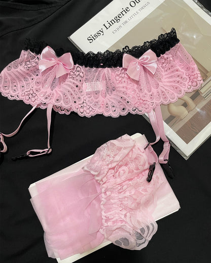 Mens Sissy Lingerie Outfits Lace Panties Underwear With 4 Garter Belt For Crossdressing (US, Alpha, One Size, Regular, Regular, Pink)