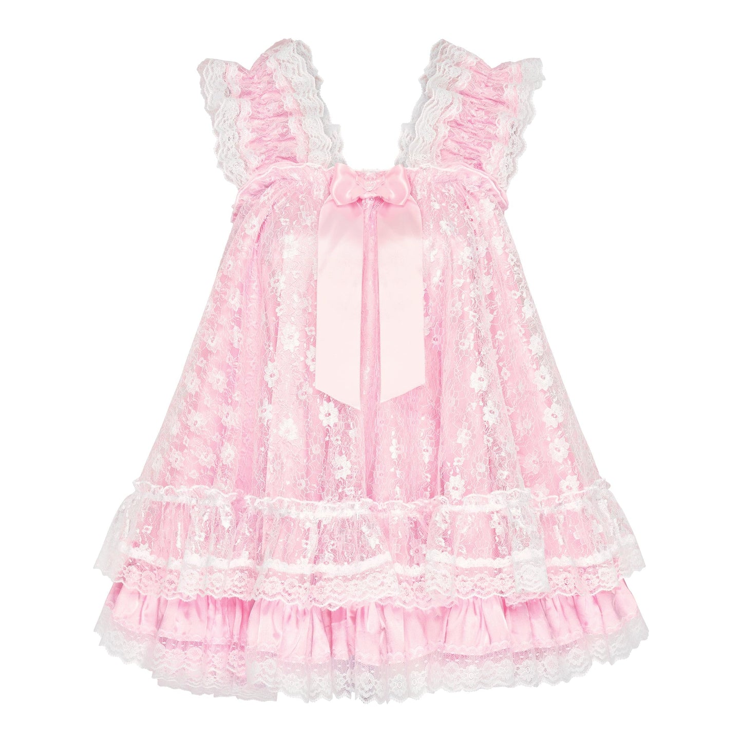 Satini Lingerie Satin Sissy Babydoll Ruffles Frilly Lace Nightie Negligee Cosplay Nightwear Dress (Baby Pink - White, M)