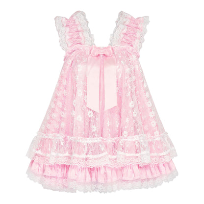Satini Lingerie Satin Sissy Babydoll Ruffles Frilly Lace Nightie Negligee Cosplay Nightwear Dress (Baby Pink - White, M)
