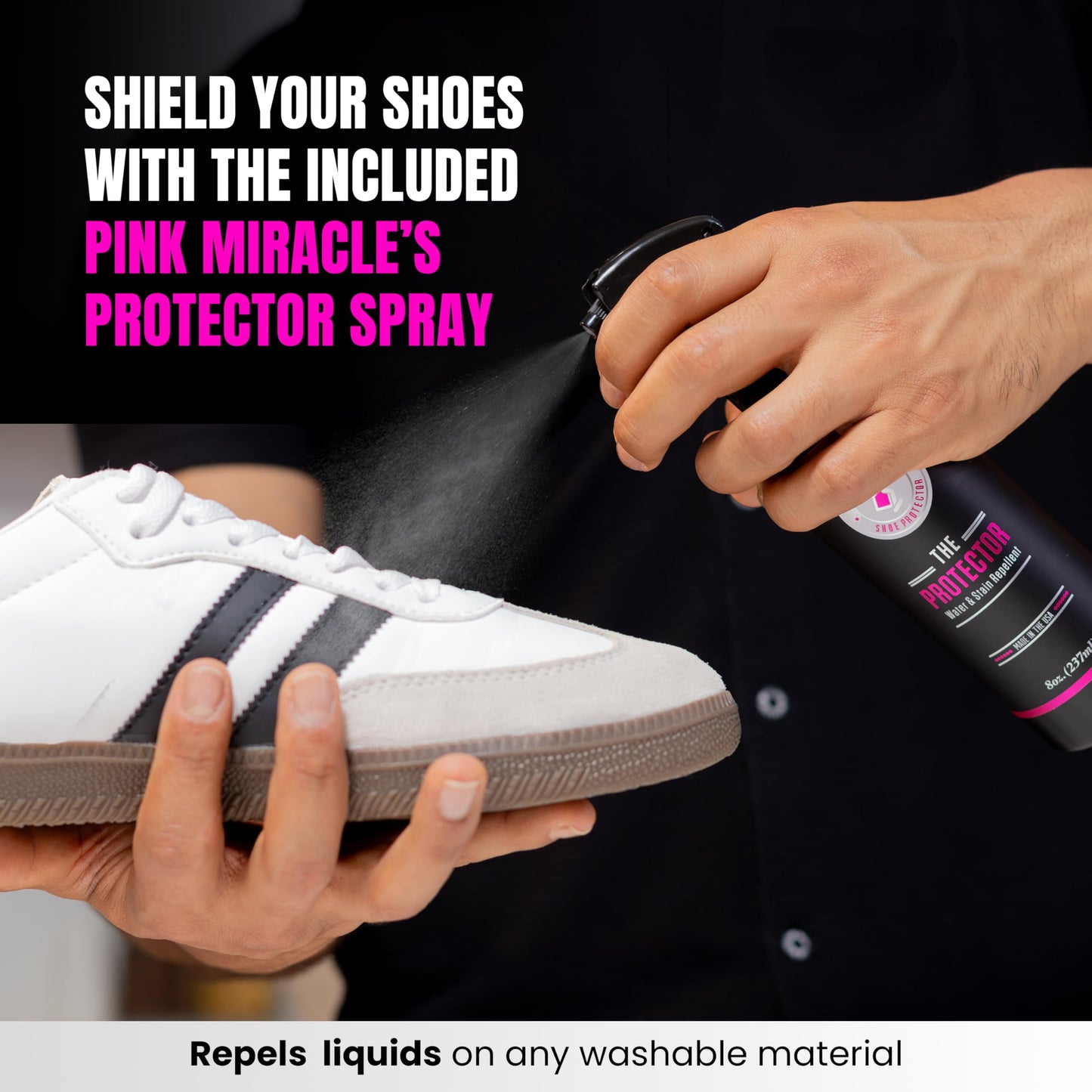 Pink Miracle Shoe Care Kit - Includes 8 oz. Shoe Cleaner and Brush, The Protector Sneaker Repellent Spray, Shoe Cleaning Wipes (5), and a Microfiber Towel