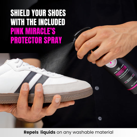 Pink Miracle Shoe Care Kit - Includes 8 oz. Shoe Cleaner and Brush, The Protector Sneaker Repellent Spray, Shoe Cleaning Wipes (5), and a Microfiber Towel